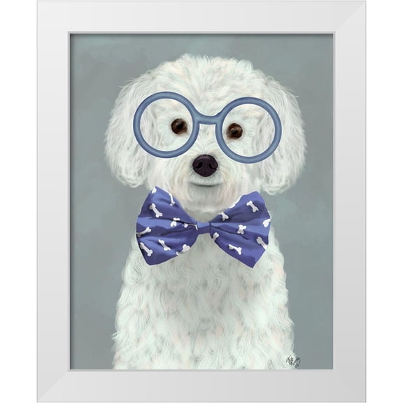 Fab Funky 12x14 White Modern Wood Framed Museum Art Print Titled - Bichon Frise with Glasses and Bow Tie