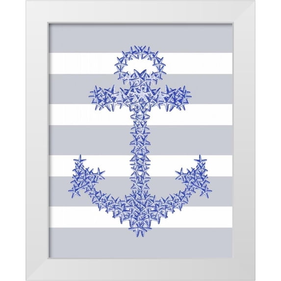 Fab Funky 12x14 White Modern Wood Framed Museum Art Print Titled - Blue Starfish Anchor on Grey and White