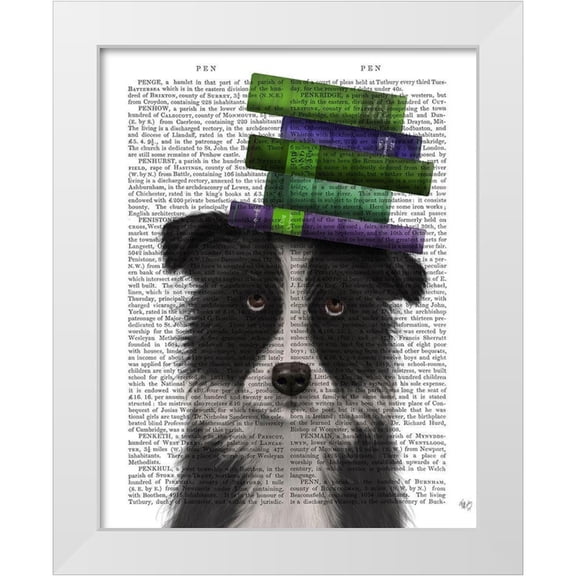 Fab Funky 12x14 White Modern Wood Framed Museum Art Print Titled - Border Collie, Black and White, and Books