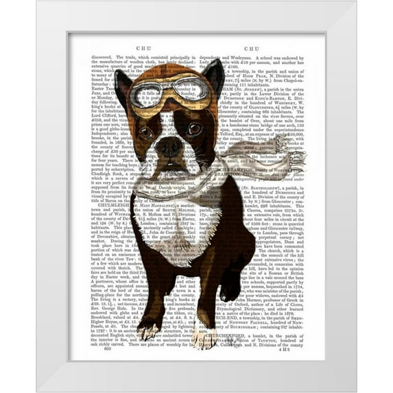 Fab Funky 12x14 White Modern Wood Framed Museum Art Print Titled - Boston Terrier Flying Ace