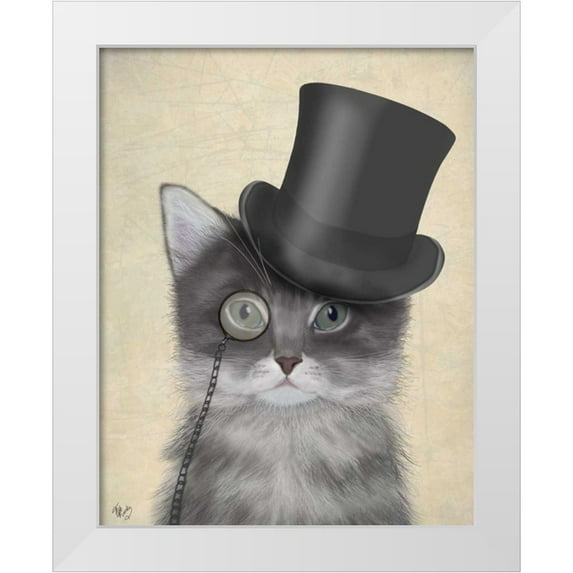 Fab Funky 12x14 White Modern Wood Framed Museum Art Print Titled - Cat, Grey with Top Hat