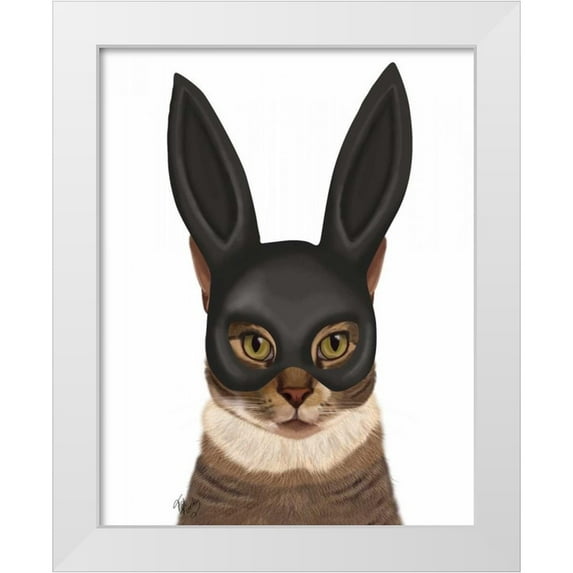 Fab Funky 12x14 White Modern Wood Framed Museum Art Print Titled - Cat with Bunny Mask