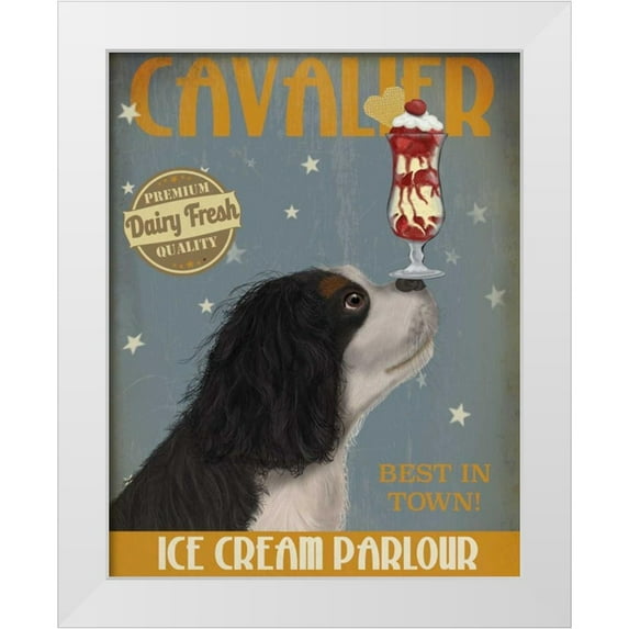 Fab Funky 12x14 White Modern Wood Framed Museum Art Print Titled - Cavalier King Charles, Black White, Ice Cream