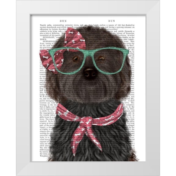 Fab Funky 12x14 White Modern Wood Framed Museum Art Print Titled - Cockerpoo, Black, with Glasses and Scarf