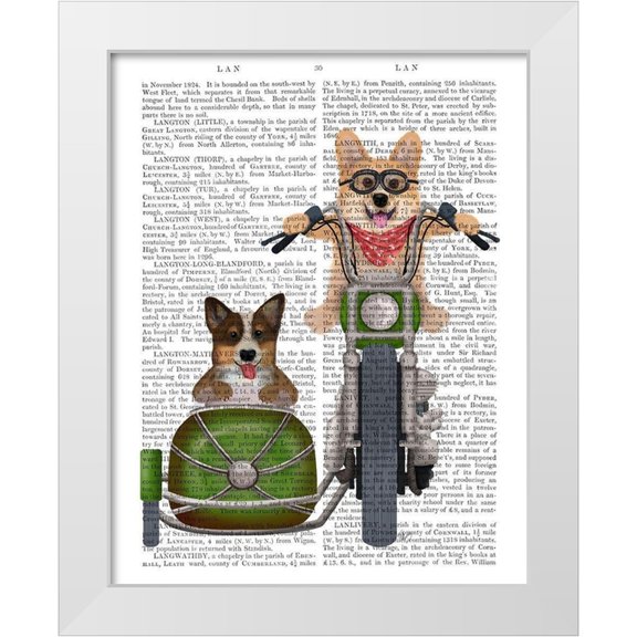 Fab Funky 12x14 White Modern Wood Framed Museum Art Print Titled - Corgi Chopper and Sidecar