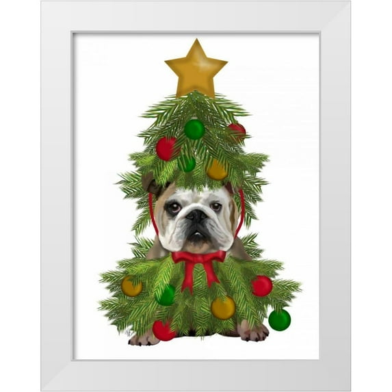 Fab Funky 12x14 White Modern Wood Framed Museum Art Print Titled - English Bulldog, Christmas Tree Costume