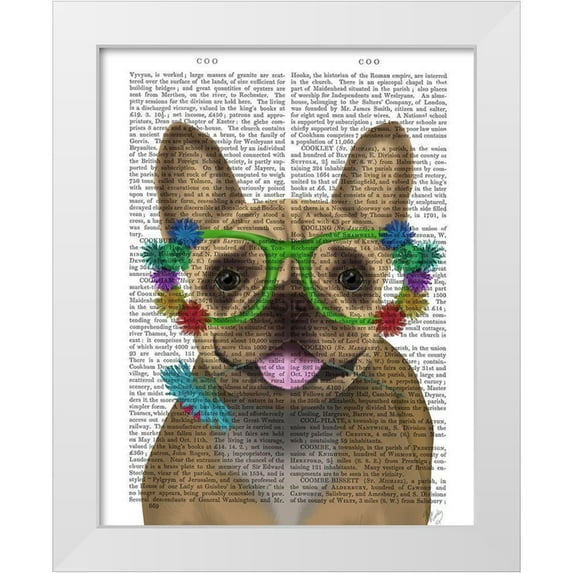 Fab Funky 12x14 White Modern Wood Framed Museum Art Print Titled - French Bulldog and Flower Glasses