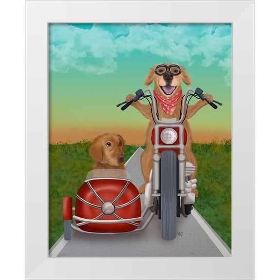 Fab Funky 12x14 White Modern Wood Framed Museum Art Print Titled - Golden Retriever Chopper and Sidecar