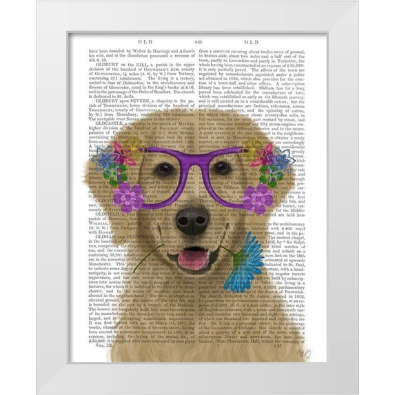 Fab Funky 12x14 White Modern Wood Framed Museum Art Print Titled - Golden Retriever and Flower Glasses