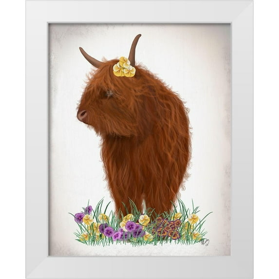 Fab Funky 12x14 White Modern Wood Framed Museum Art Print Titled - Highland Cow, Pansy