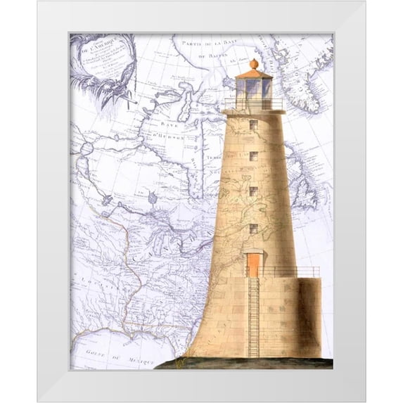 Fab Funky 12x14 White Modern Wood Framed Museum Art Print Titled - Lighthouse on Vintage Map Image