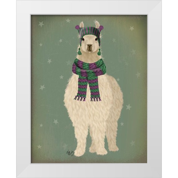 Fab Funky 12x14 White Modern Wood Framed Museum Art Print Titled - Llama with Purple Scarf, Full