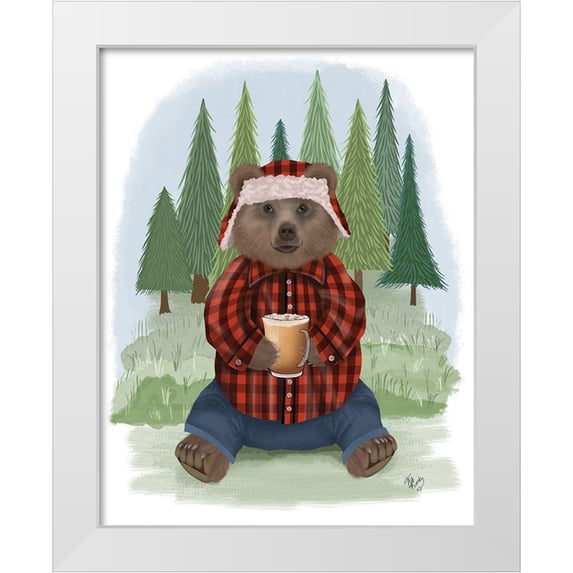 Fab Funky 12x14 White Modern Wood Framed Museum Art Print Titled - Lumberjack Bear Latte