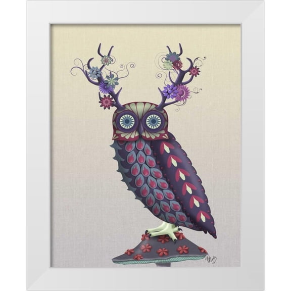 Fab Funky 12x14 White Modern Wood Framed Museum Art Print Titled - Owl with Psychedelic Antlers