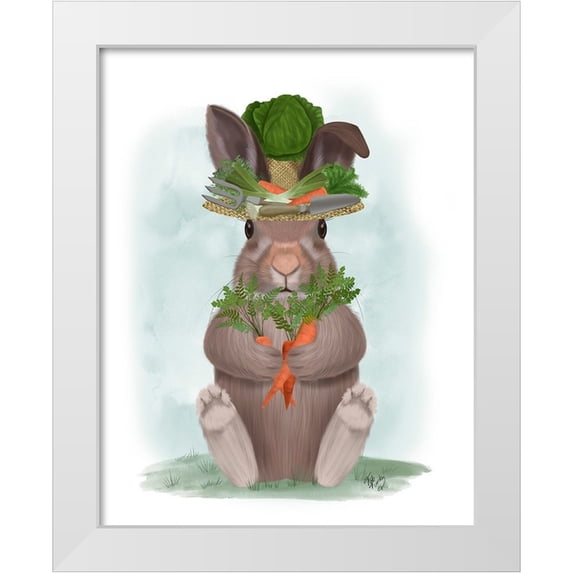 Fab Funky 12x14 White Modern Wood Framed Museum Art Print Titled - Rabbit Carrot Hat