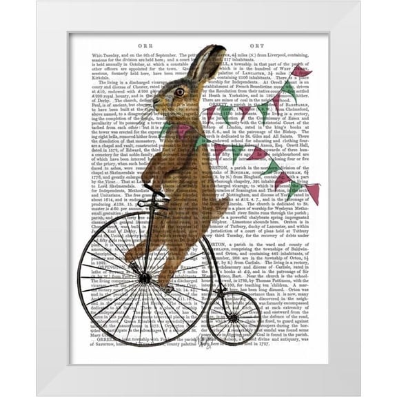 Fab Funky 12x14 White Modern Wood Framed Museum Art Print Titled - Rabbit On Penny Farthing