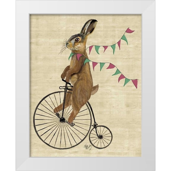 Fab Funky 12x14 White Modern Wood Framed Museum Art Print Titled - Rabbit On Penny Farthing
