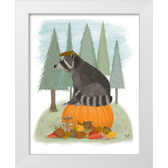 Fab Funky 12x14 White Modern Wood Framed Museum Art Print Titled - Raccoon On Pumpkin