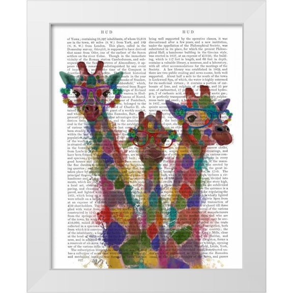 Fab Funky 12x14 White Modern Wood Framed Museum Art Print Titled - Rainbow Splash Giraffe Trio