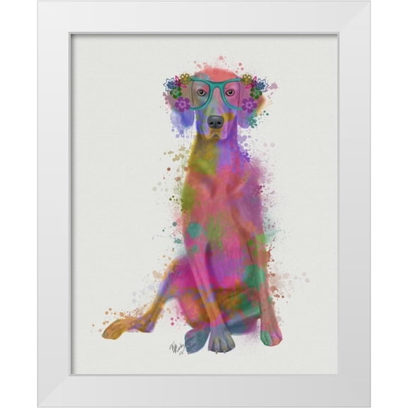 Fab Funky 12x14 White Modern Wood Framed Museum Art Print Titled - Rainbow Splash Weimaraner, Full