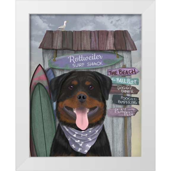 Fab Funky 12x14 White Modern Wood Framed Museum Art Print Titled - Rottweiller Surf Shack