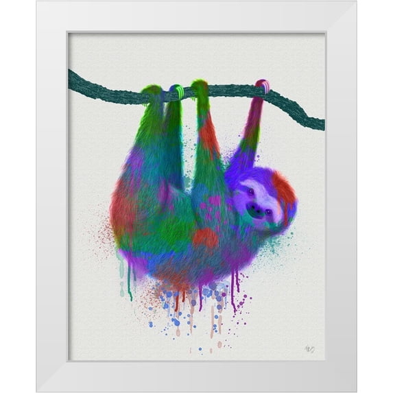 Fab Funky 12x14 White Modern Wood Framed Museum Art Print Titled - Sloth Rainbow Splash