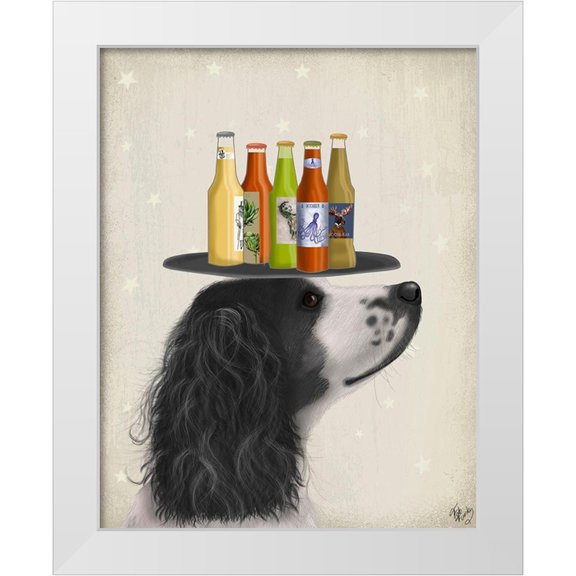 Fab Funky 12x14 White Modern Wood Framed Museum Art Print Titled - Springer Spaniel Black White Beer Lover