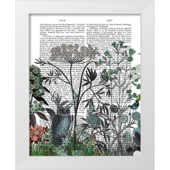 Fab Funky 12x14 White Modern Wood Framed Museum Art Print Titled - Wildflower Bloom, Owl Book Print