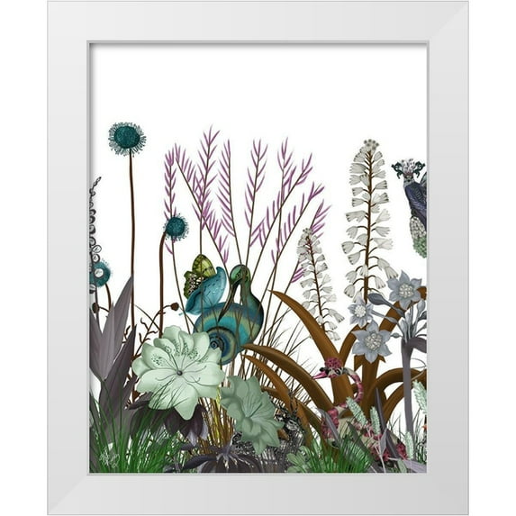 Fab Funky 12x14 White Modern Wood Framed Museum Art Print Titled - Wildflower Bloom, Snail Bird