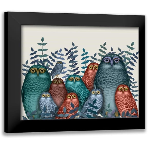 Fab Funky 14x12 Black Modern Framed Museum Art Print Titled - Electric Owls, Blue and Orange