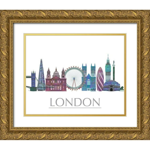 Fab Funky 14x12 Gold Ornate Wood Framed with Double Matting Museum Art Print Titled - London Skyline Coloured Buildings