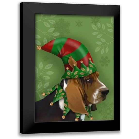 Fab Funky 14x18 Black Modern Framed Museum Art Print Titled - Basset Hound, Elf Hat