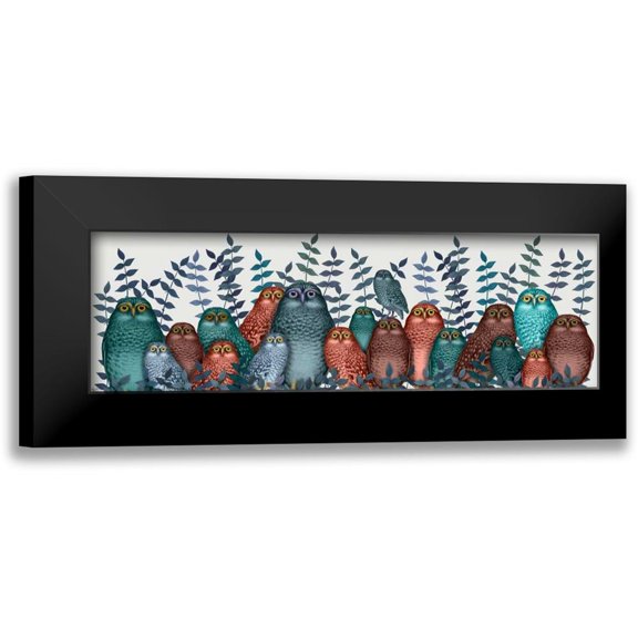 Fab Funky 14x7 Black Modern Framed Museum Art Print Titled - Electric Owls, Blue and Orange