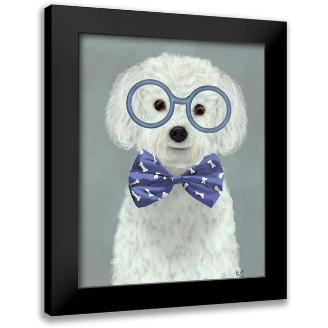 Fab Funky 15x18 Black Modern Framed Museum Art Print Titled - Bichon Frise with Glasses and Bow Tie