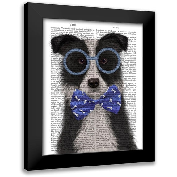 Fab Funky 15x18 Black Modern Framed Museum Art Print Titled - Border Collie, Black and White, with Glasses and Bow Tie