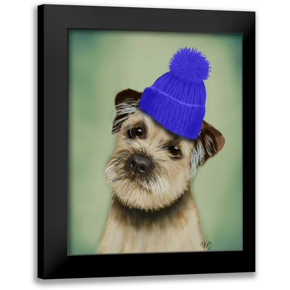Fab Funky 15x18 Black Modern Framed Museum Art Print Titled - Border Terrier with Blue Bobble Hat