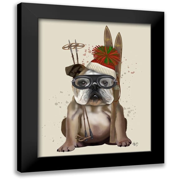 Fab Funky 15x18 Black Modern Framed Museum Art Print Titled - English Bulldog, Skiing