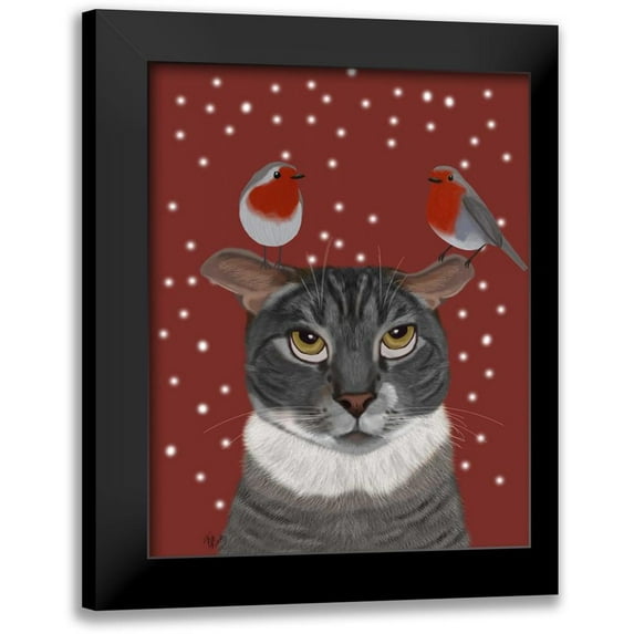 Fab Funky 15x18 Black Modern Framed Museum Art Print Titled - Grey Cat and Robins