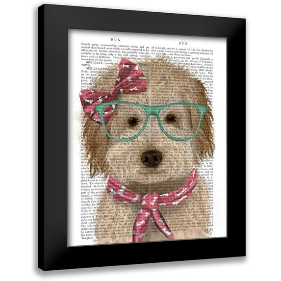 Fab Funky 15x18 Black Modern Framed Museum Art Print Titled - Labradoodle, Cream, with Glasses and Scarf