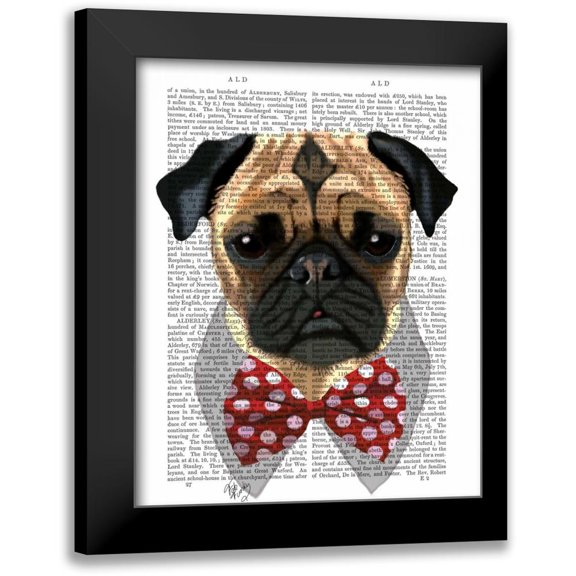 Fab Funky 15x18 Black Modern Framed Museum Art Print Titled - Pug with Red Spotted Bow Tie