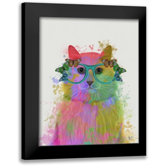 Fab Funky 15x18 Black Modern Framed Museum Art Print Titled - Rainbow Splash Cat 3, Portrait