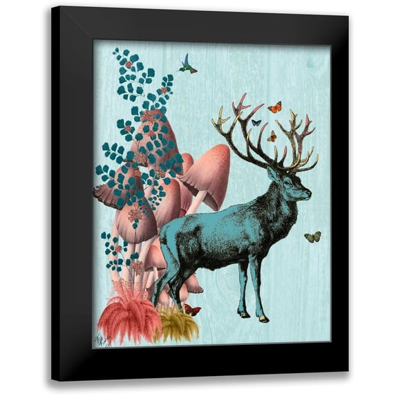 Fab Funky 15x18 Black Modern Framed Museum Art Print Titled - Turquoise Deer in Mushroom Forest