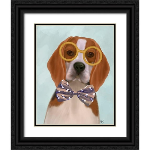Fab Funky 15x18 Black Ornate Wood Framed with Double Matting Museum Art Print Titled - Beagle with Glasses and Bow Tie