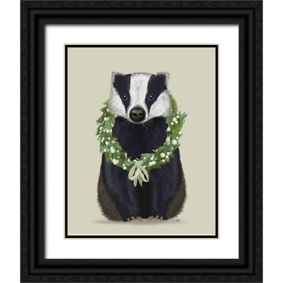 Fab Funky 15x18 Black Ornate Wood Framed with Double Matting Museum Art Print Titled - Christmas Badger and Sage Wreath