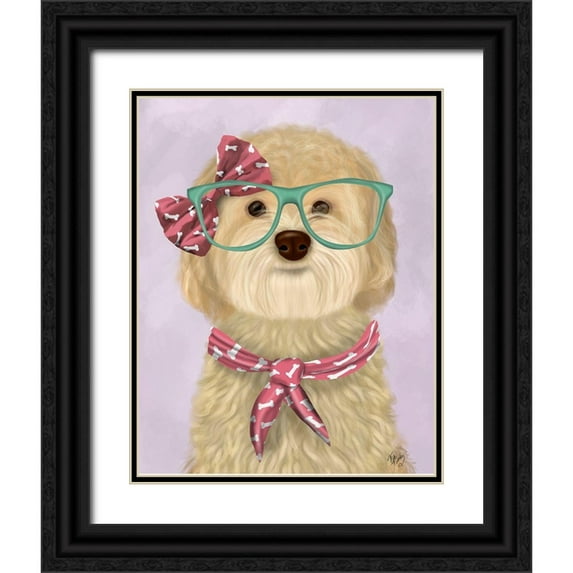 Fab Funky 15x18 Black Ornate Wood Framed with Double Matting Museum Art Print Titled - Cockerpoo, Blonde, with Glasses and Scarf