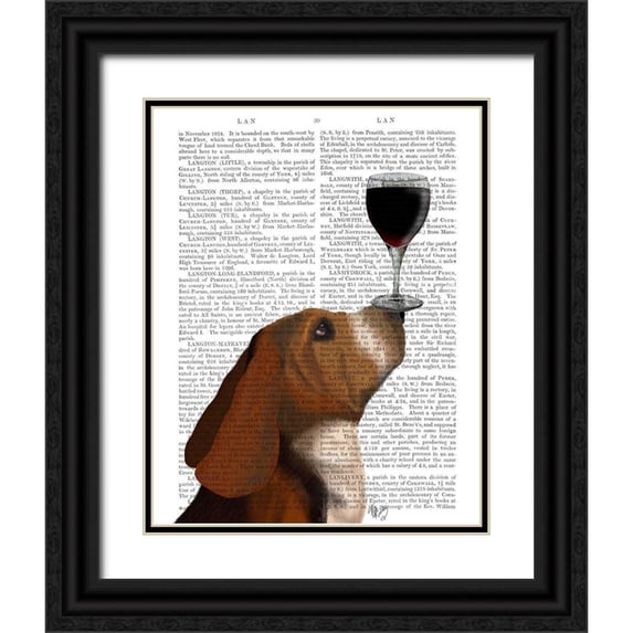 Fab Funky 15x18 Black Ornate Wood Framed with Double Matting Museum Art Print Titled - Dog Au Vin, Basset Hound