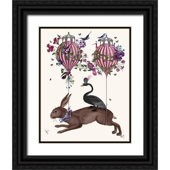 Fab Funky 15x18 Black Ornate Wood Framed with Double Matting Museum Art Print Titled - Hare Birdkeeper, Hot Air Balloon