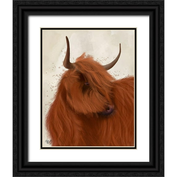 Fab Funky 15x18 Black Ornate Wood Framed with Double Matting Museum Art Print Titled - Highland Cow 2, Portrait