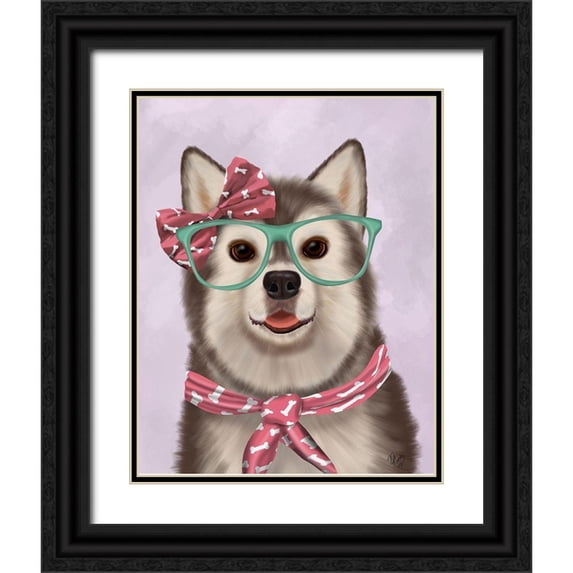 Fab Funky 15x18 Black Ornate Wood Framed with Double Matting Museum Art Print Titled - Husky with Glasses and Scarf