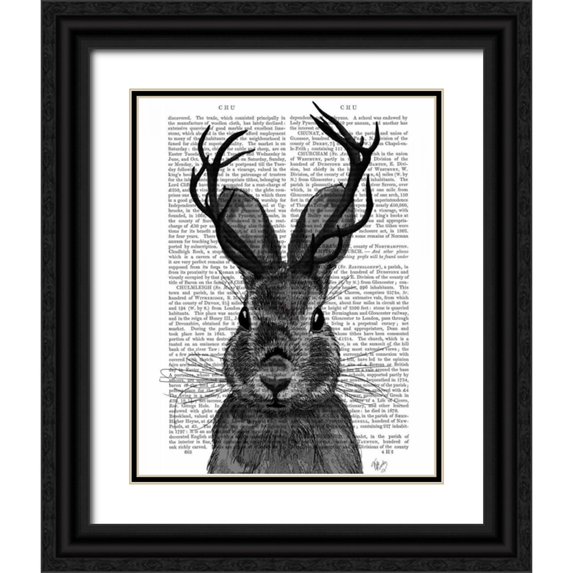 Fab Funky 15x18 Black Ornate Wood Framed with Double Matting Museum Art Print Titled - Jackalope with Grey Antlers
